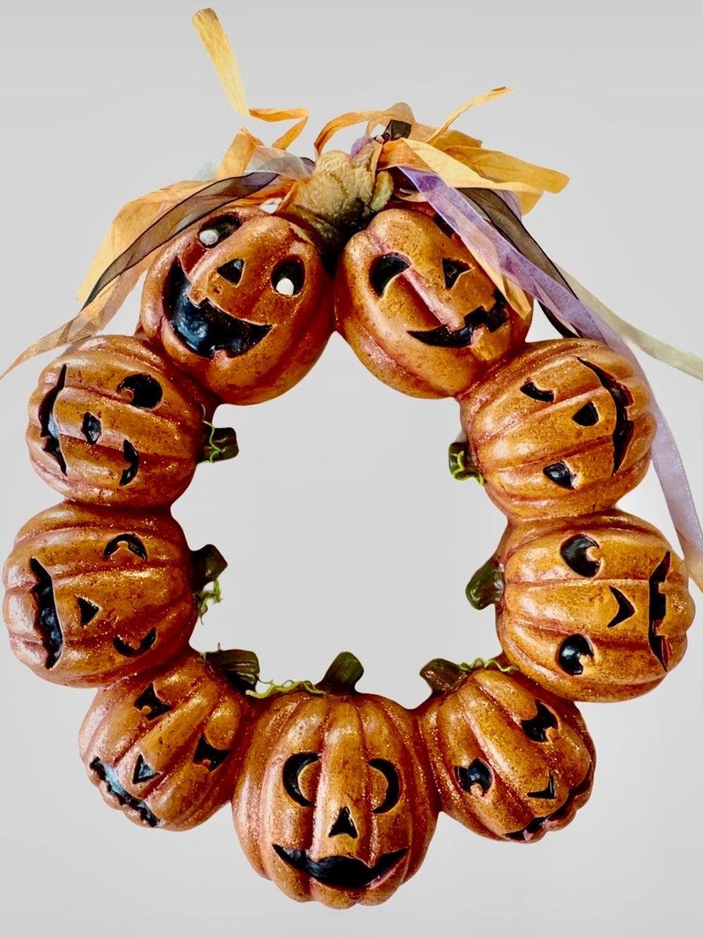 Jack-o’-lantern Halloween Wreath Ready-to-Hang Colorful Unique appx 12”x13”